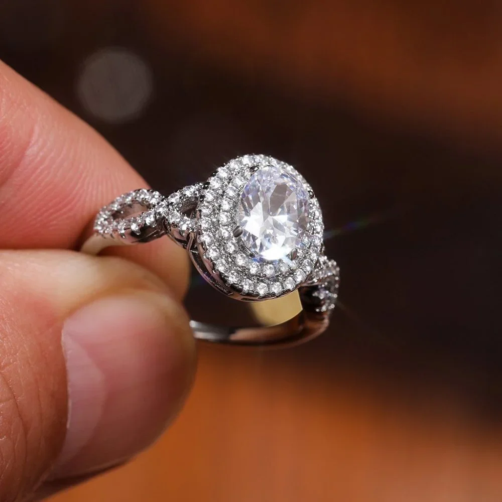 😍14K WHITE GOLD DOUBLE LAYER💫CRYSTAL OVAL WEDDING LUXURY RING GIRL TEEN, K900